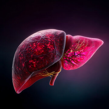 3D render of human liver, dramatic lighting, deep red and burgundy, medical illustration