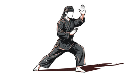 Fototapeta premium Pencak Silat martial artist in traditional uniform, dynamic pose, white background.