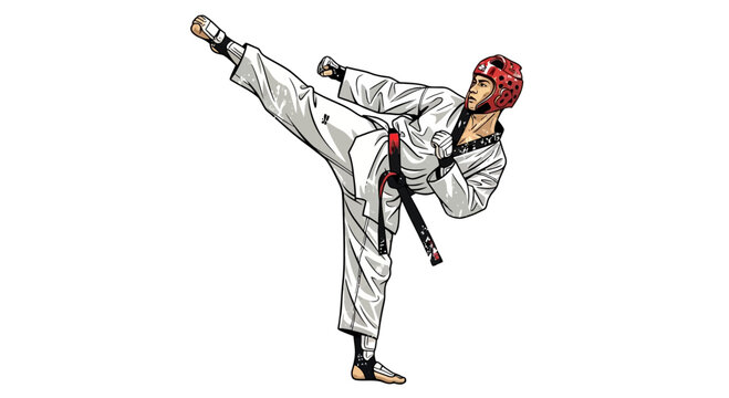 Taekwondo martial artist performing a high kick in uniform with headgear