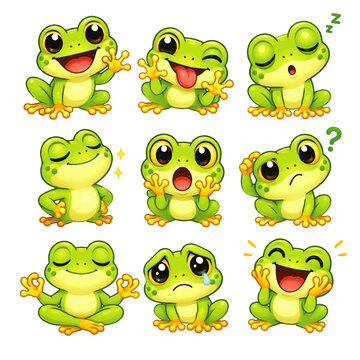 Set of cute funny cartoon frog characters illustration and vector art with happy green amphibian frog toad comic style wildlife design
