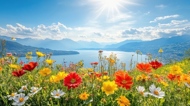Vibrant wildflowers bloom beside a serene lake with majestic mountains under a bright, sunny sky