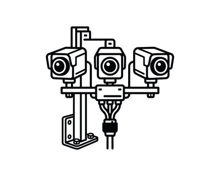 Outline vector illustration of a three camera machine vision system for industrial automation.
