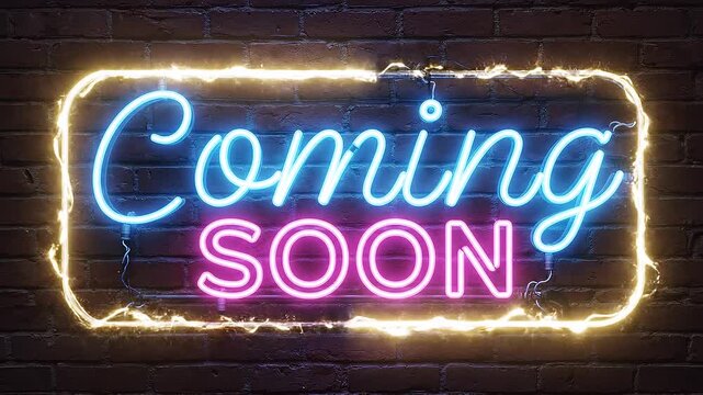 Neon coming soon sign on brick wall with yellow light border