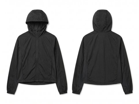 Black Hooded Windbreaker Jacket Mockup, Front and Back View Isolated on White Background
