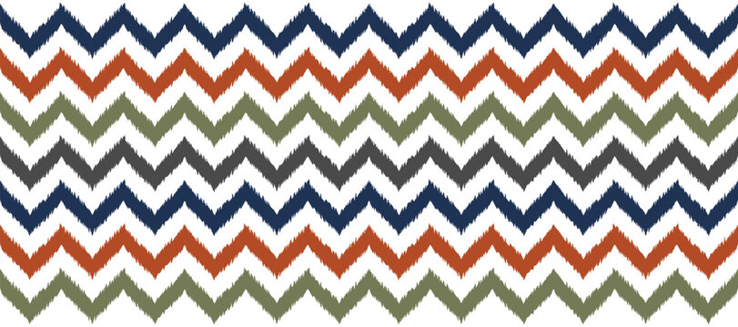 Seamless ikat zig-zag pattern with blurry dyed lines in navy blue, rust, olive green, and dark gray.
