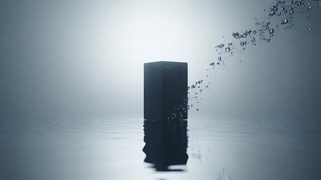 A black rectangular prism stands in water a spray of water droplets arcing away from its top rectangular droplets geometric submerged reflection abstract