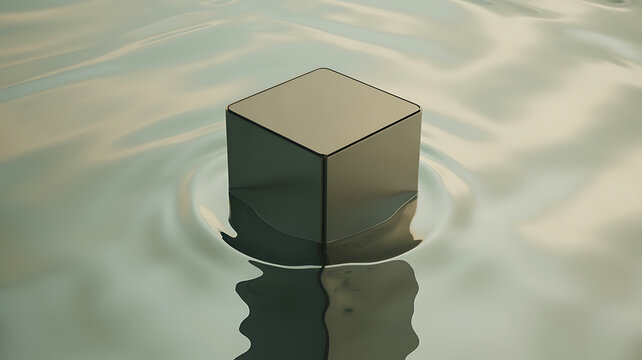Metallic cube resting on a rippling water surface creating concentric circles concentric metallic geometric reflection minimalist abstract stillness buoyancy