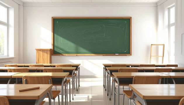 Empty classroom with rows of wooden desks facing large green chalkboard, tall windows streaming natural light, clean orderly setting with teacher&rsquo;s podium, symbolizing education, learning, and academi