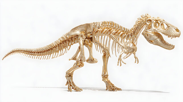 A T rex dinosaur skeleton standing like a prehistoric reptile fossil isolated on a white background resembling a museum display illustration