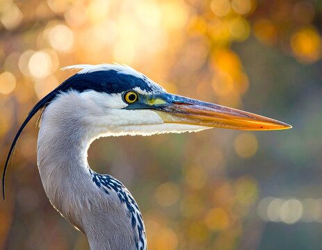 Elegant grey heron portrait with blurred nature background under soft lighting