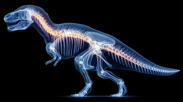 A realistic isolated Tyrannosaurus rex skeleton illustration of a large prehistoric dinosaur on a white background
