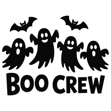 Black silhouette of four cartoon ghosts labeled boo crew