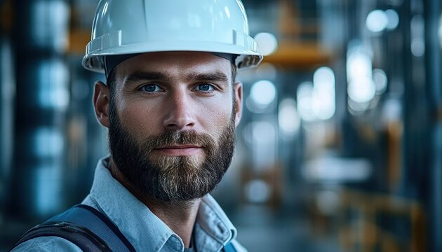 industrial worker in white safety helmet and blue uniform standing in a blurred factory interior, focused and professional