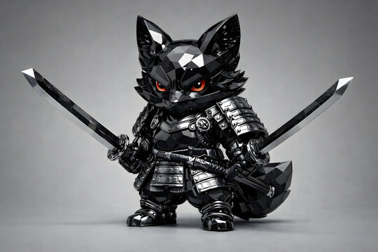 Yuru-Mecha: Gemstone - Dual Blade Master Fox with Obsidian Armor, 3D Chibi Mecha