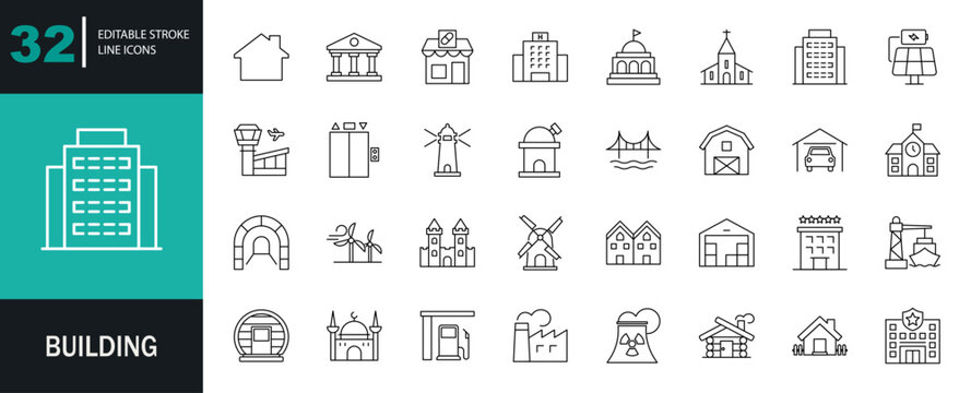 Building icon set. Containing structure, landmark, condo, government, school, church, hotel, shop, hospital, public buildings, and more. Editable line icons. Vector illustration.