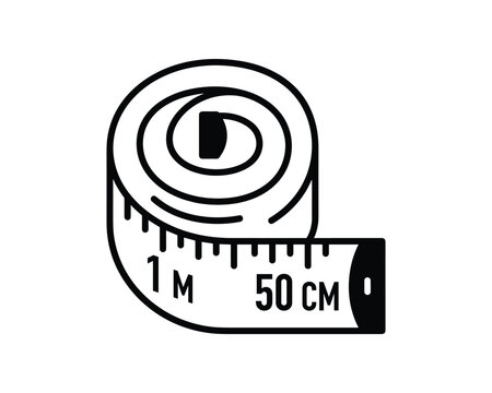 Vector outline icon of a coiled measuring tape showing 1 meter and 50 centimeter marks.