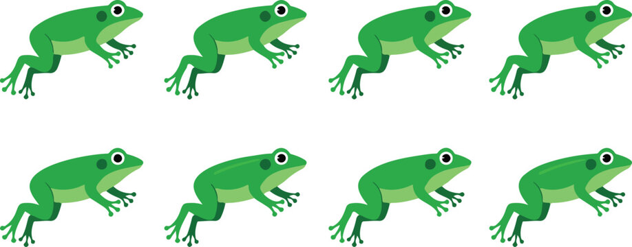 Cartoon frog jumping poses set with green amphibian character animation sequence in dynamic movement isolated on white background