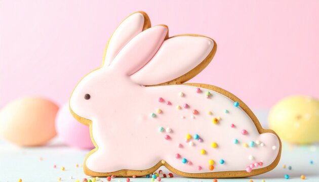Bunny-shaped cookie decorated with light pink icing and colorful sprinkles, placed against pastel pink background with blurred pastel-colored eggs, festive cheerful atmosphere evoking spring and Easte