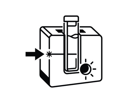 Vector outline icon showing light scattering in a cuvette with an incoming beam.