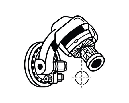 Vector outline illustration of a medical linear accelerator component featuring gears and a target symbol.