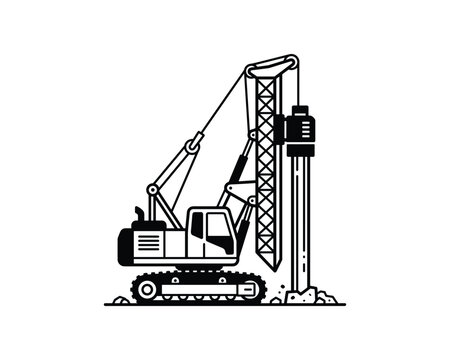Vector outline illustration of a tracked pile driving machine for heavy construction projects