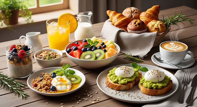 Breakfast spread features healthy avocado toast with poached eggs and fresh fruit bowls on a rustic wooden table.
