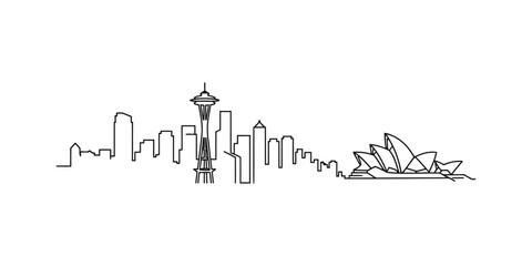 Vector illustration of seattle and sydney city skylines combined in a single line art style image © Line Art Gallery