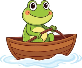 Obraz premium Cartoon frog rowing wooden boat on calm water with cheerful expression