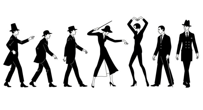 Vintage Fashion Silhouettes of People in Formal Attire.