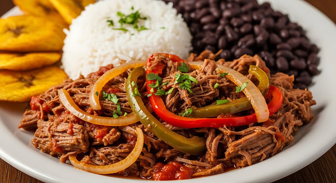 Ropa vieja served with white rice, black beans, and fried plantains creates a traditional Latin American meal.