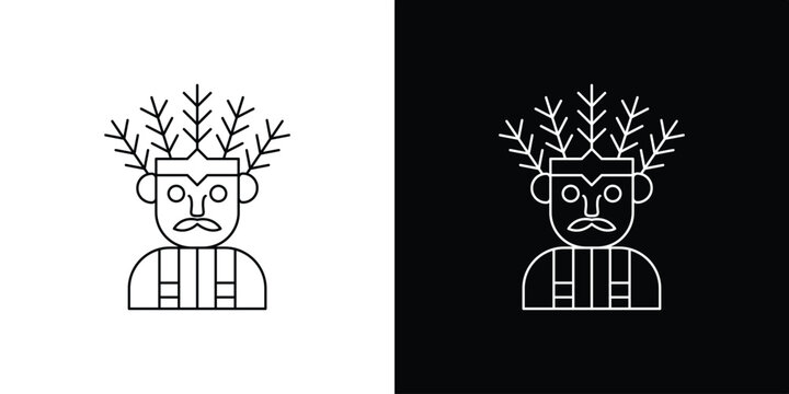 Single icon of traditional human face with headdress and torso lines, symbol graphic on white and black background