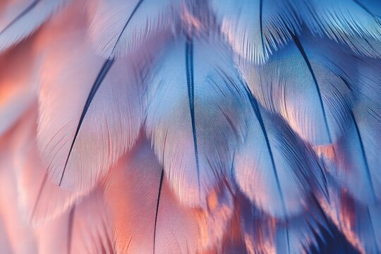 Close-up of layered soft blue and pink bird feathers with delicate barbs and a dreamy pastel glow, calm and serene feeling