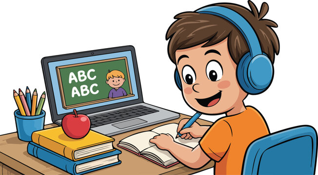 Digital illustration of young boy student learning remotely at desk with laptop, books, apple, headphones, educational cartoon style