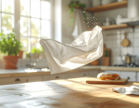 A white kitchen towel flying in the air in a bright rustic kitchen.