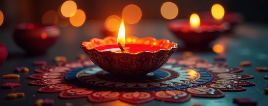 Close-up, glowing diya, intricate Diwali design, festival of lights, spiritual