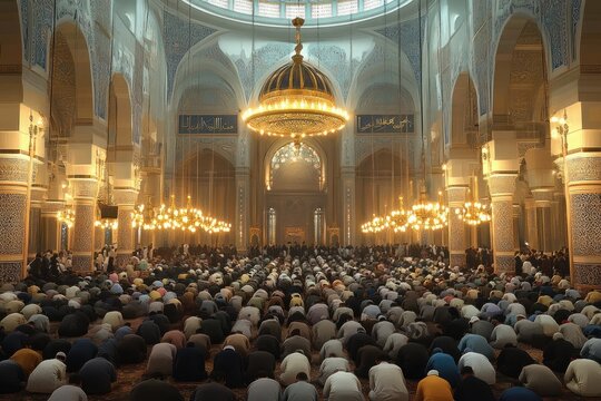 Crowd of worshippers bowing in unified prayer inside ornate mosque interior with glowing chandeliers, arches, calligraphy and serene devotional atmosphere