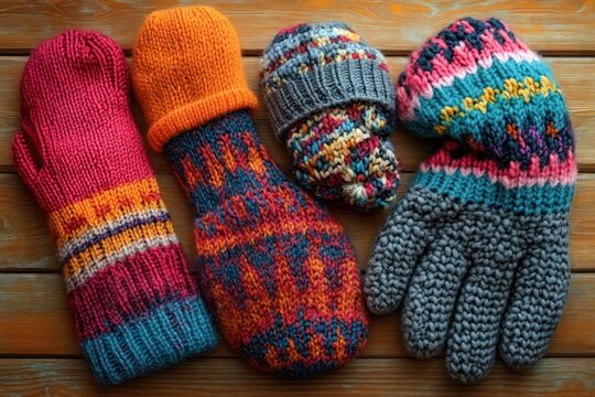three colorful knitted mittens and one gray five-finger knitted glove on wooden table, cozy handmade winter warmth