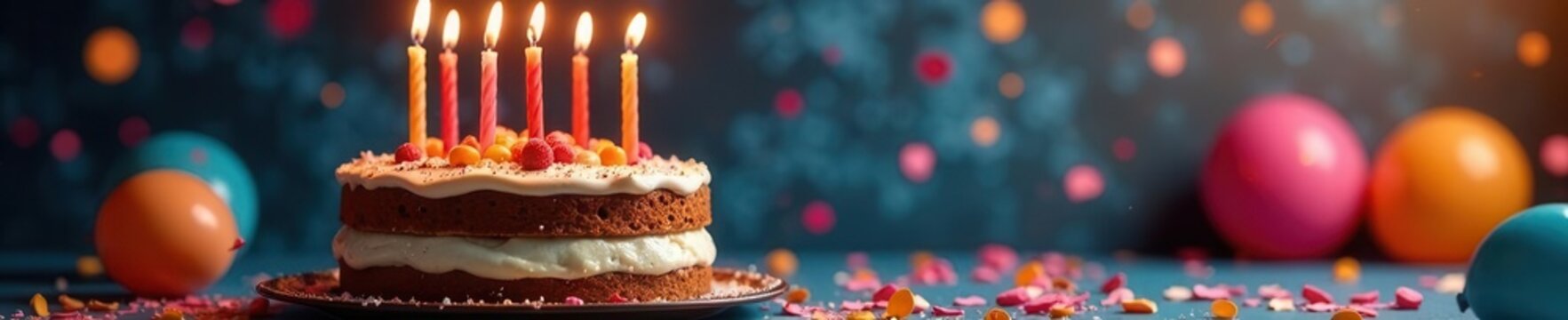 Layered cake with lit candles, vibrant balloons, confetti burst , element, colorful
