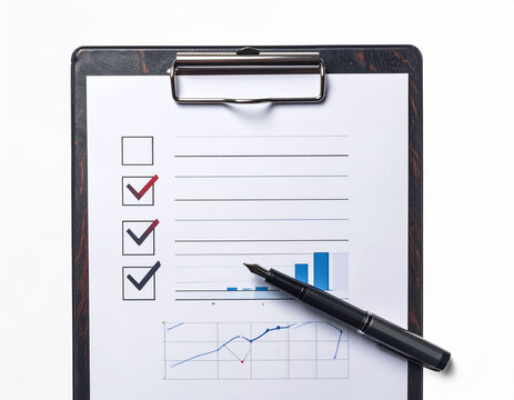 Black Clipboard With Checklist And Business Graph.