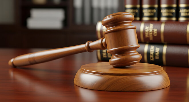 A wooden gavel rests upon a soundblock with law books on transparent background