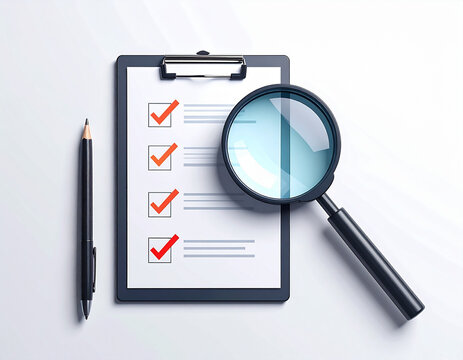 Clipboard with checklist and magnifying glass on white background.
