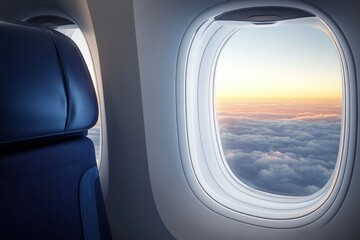 Fototapeta premium Serene sunrise above clouds seen through an airplane window beside an empty blue seat