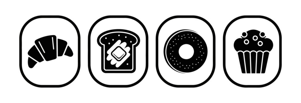 Collection of iconic baked goods presented in a line croissant, buttered toast, bagel, and cupcake, each in its own frame