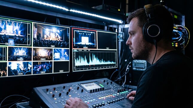 Professional audio visual operator monitoring sound and video data on multiple screens.