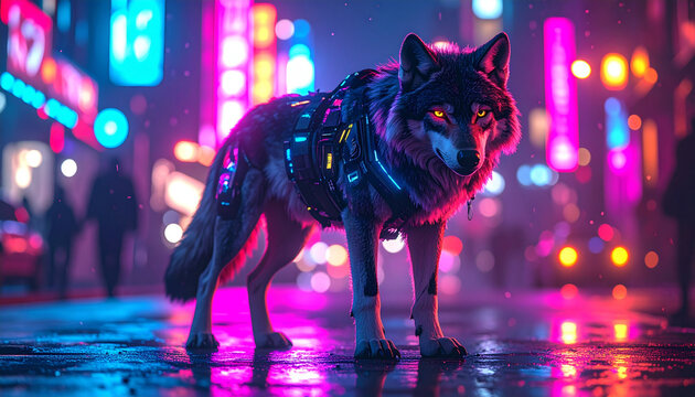 Cybernetic wolf standing on city street at night with neon lights.
