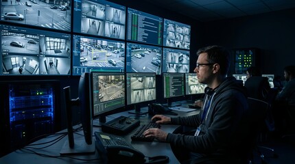 Security analyst monitoring multiple live surveillance camera feeds in a dark control room.