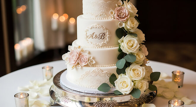 Elegant four tiered wedding cake adorned with roses and monogram on transparent background
