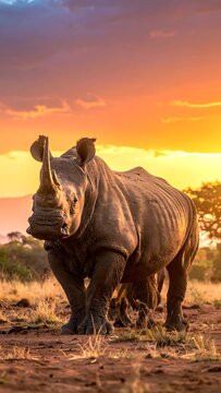 A large rhinoceros standing in a field during sunset