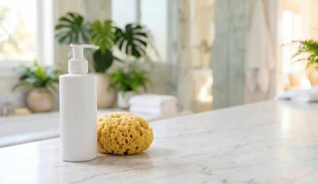Blank cosmetic pump bottle mockup with a sea sponge on marble with spa bokeh