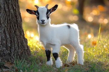 Obraz premium curious black and white baby goat standing beside a tree on sunlit grassy ground with warm golden backlight
